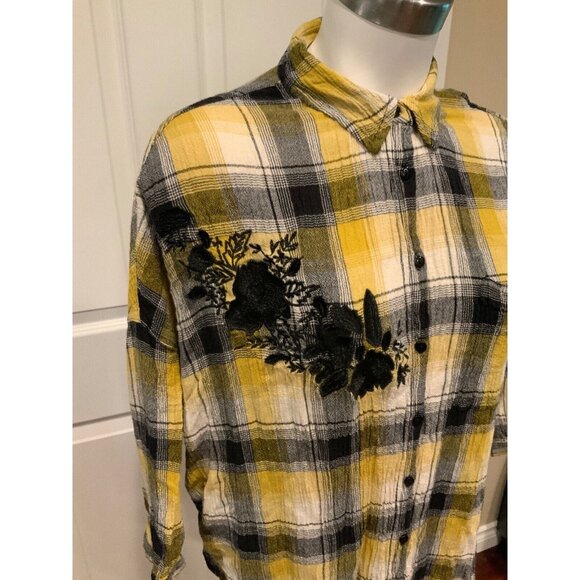 Maeve Anthropologie Yellow & Black Plaid Oversized Button-Up Tunic Shirt Sz XS/S - Picture 3 of 7